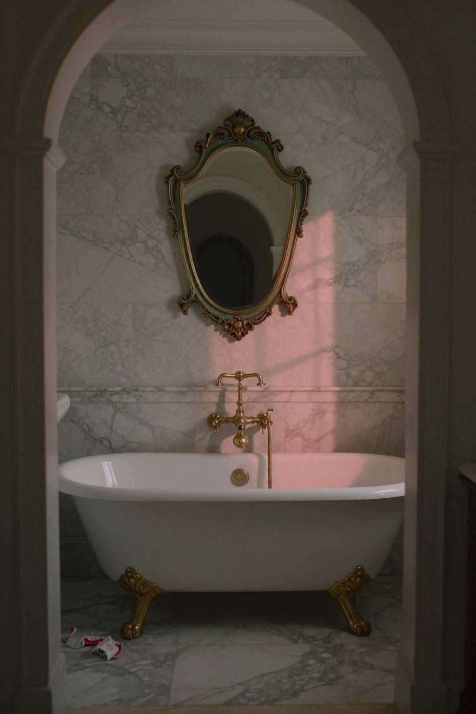 vintage bathroom iconic clawfoot soaking tub with carrara marble walls and aged brass fixtures in rosy dawn light