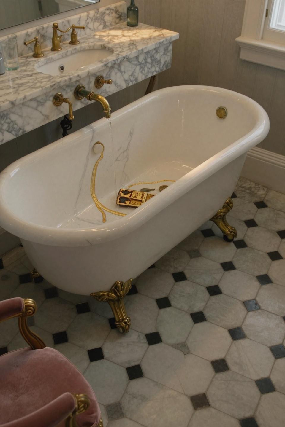 vintage bathroom clawfoot tub with calacatta marble vanity featuring dramatic gold waterfall veining and brass fixtures