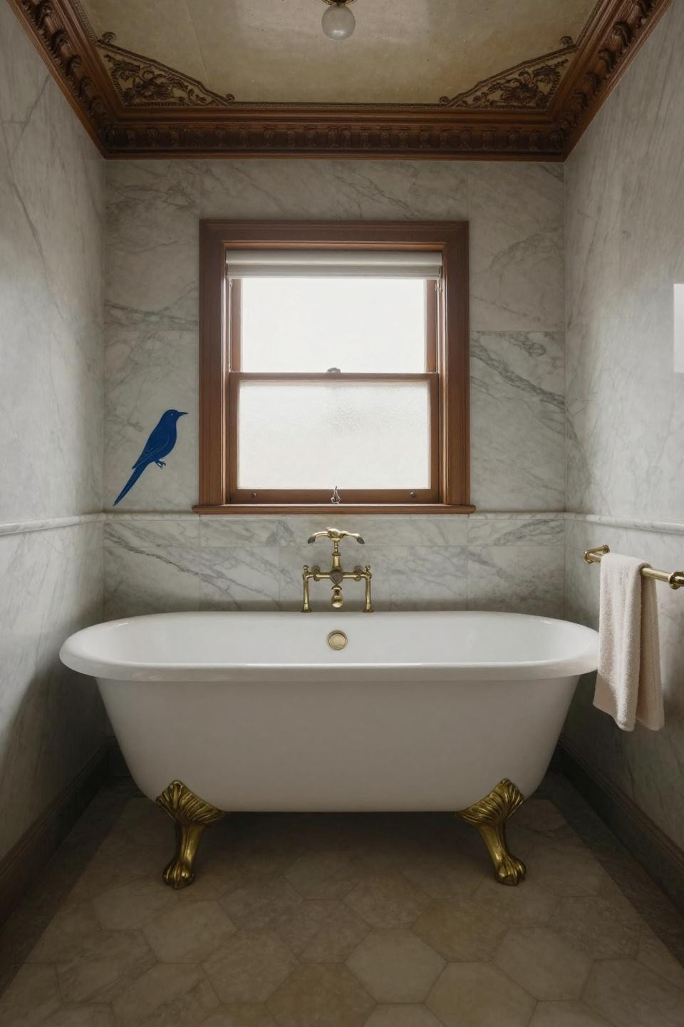 vintage bathroom white clawfoot tub with cast iron feet and aged carrara marble wainscoting with warm hexagonal floor tile