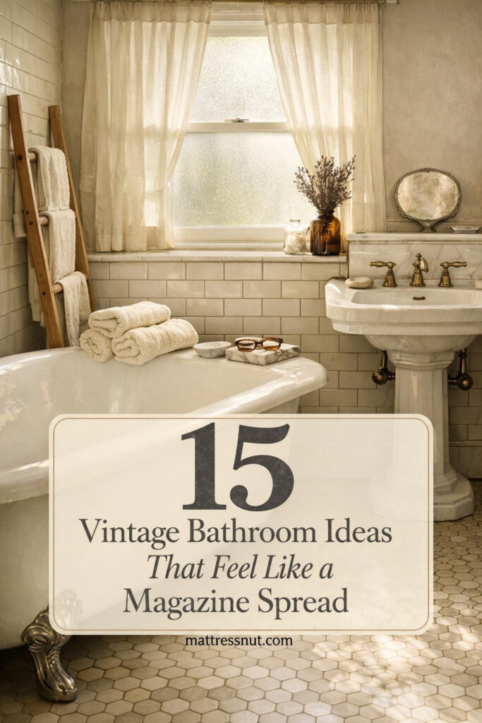 Elegant vintage bathroom featuring clawfoot tub, pedestal sink, hexagon floor tiles, brass fixtures, and antique mirror