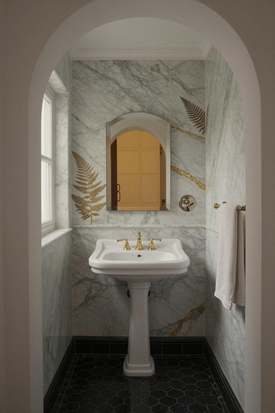 vintage bathroom white pedestal sink with unlacquered brass fixtures and floor-to-ceiling calacatta marble walls with gold veining