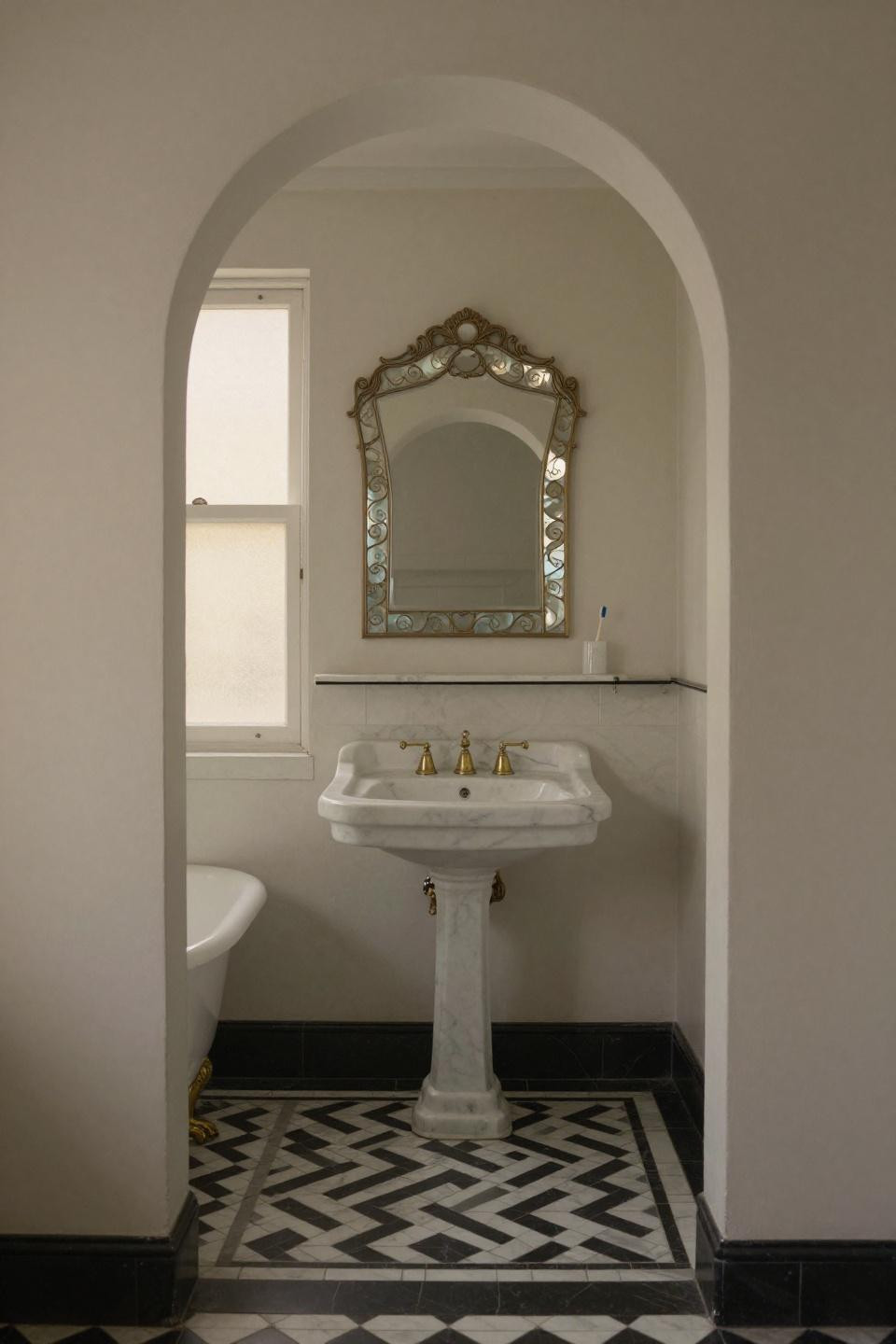 vintage bathroom white carrara marble pedestal sink with art deco brass fixtures on black and white herringbone floor