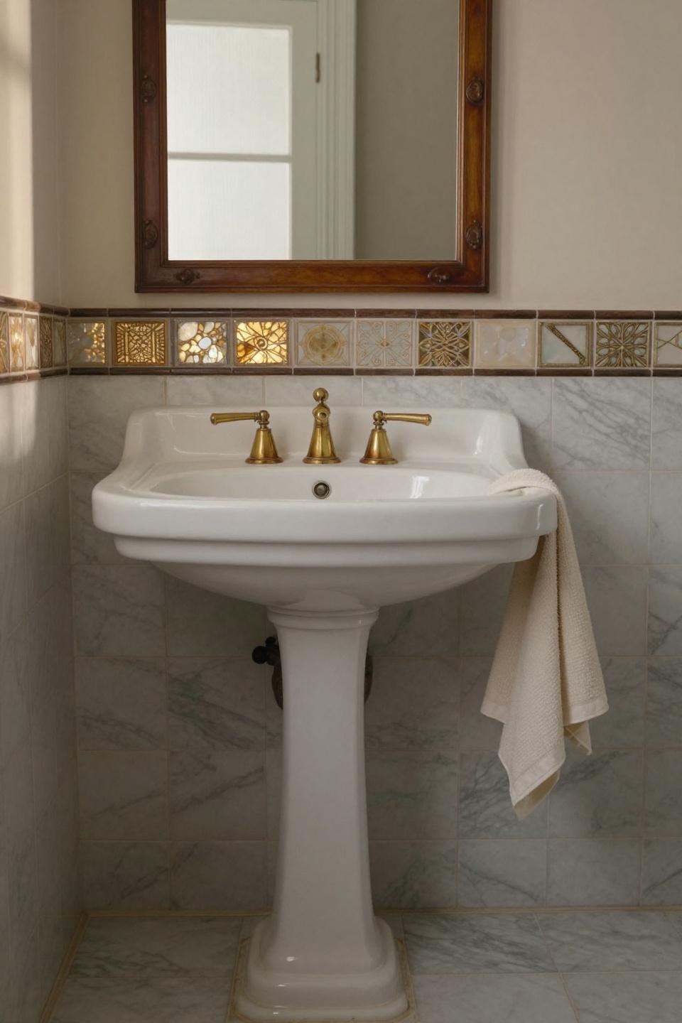 vintage bathroom white pedestal sink with unlacquered brass fixtures and carrara marble wainscoting in golden light