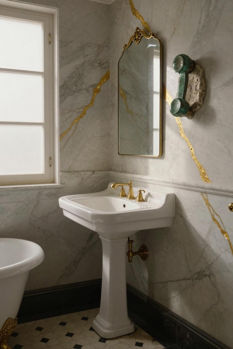 vintage bathroom white porcelain pedestal sink with calacatta marble accent wall and unlacquered brass fixtures showing green patina