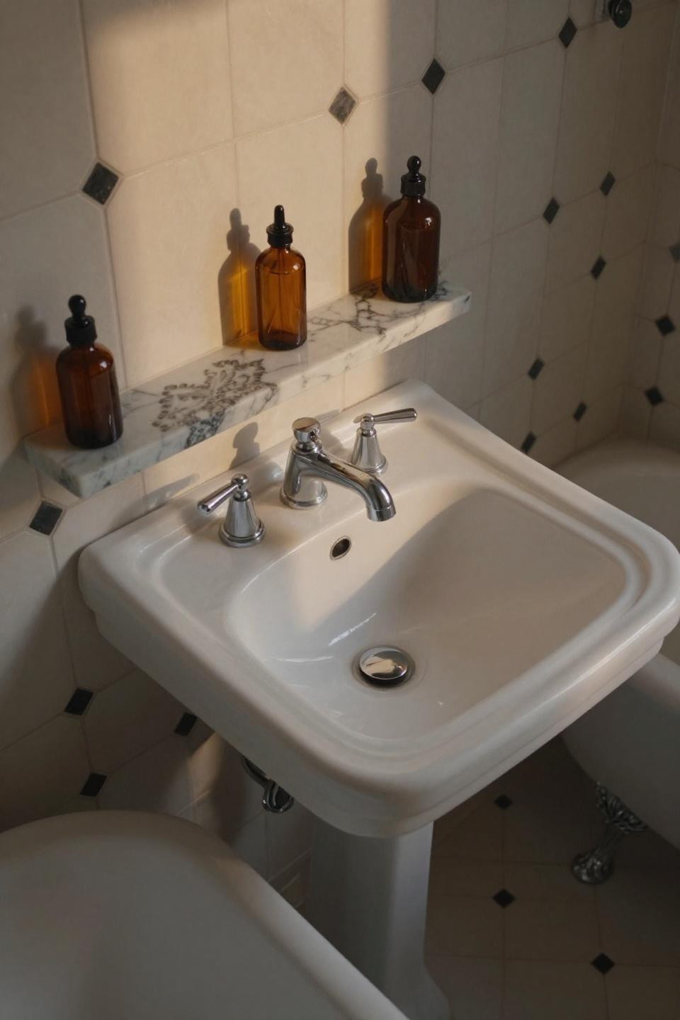 vintage bathroom pedestal sink with hand-laid cream and charcoal octagon tiles and calacatta marble shelf