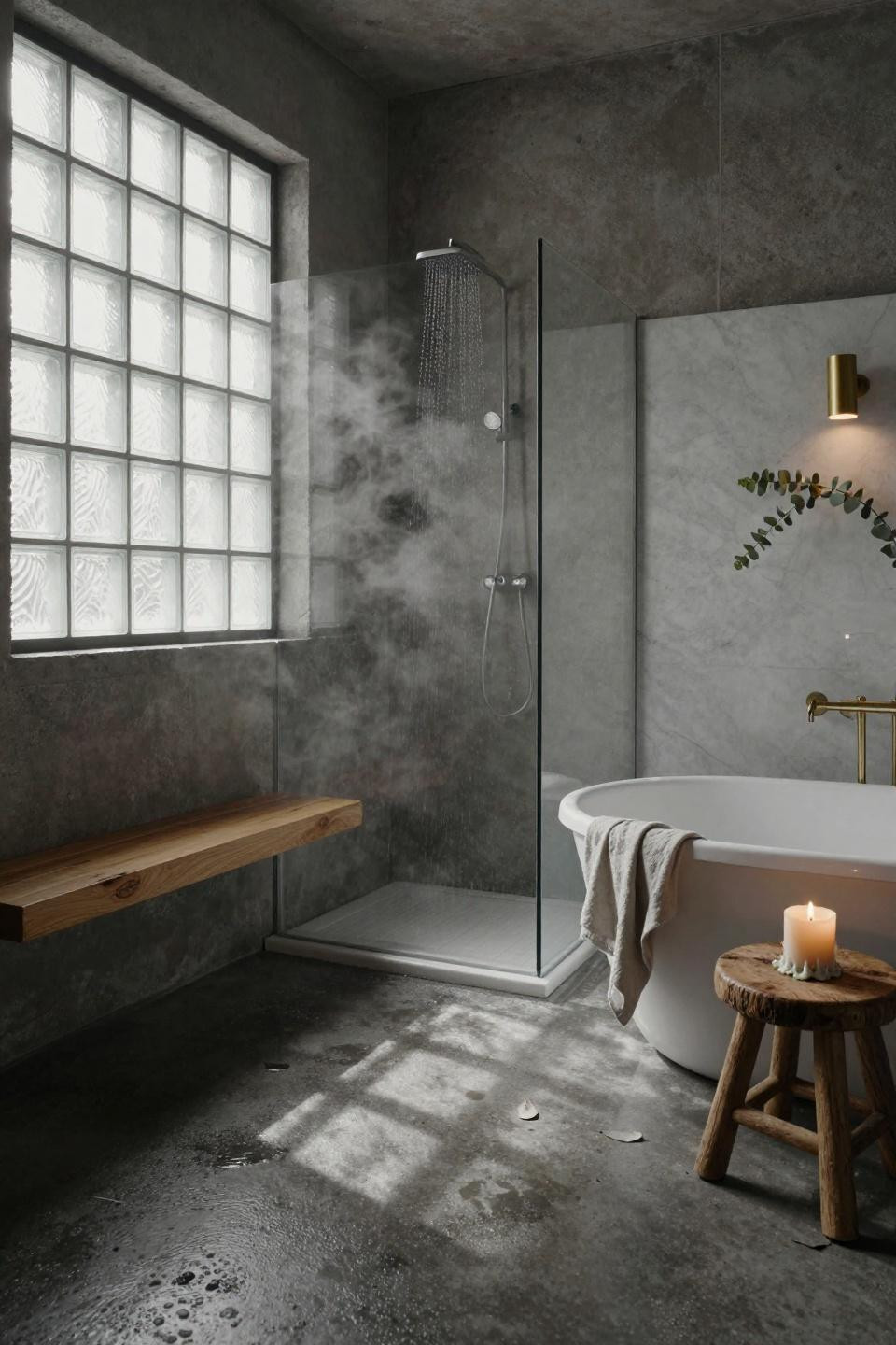 doorless shower with teak bench and concrete floors in scandinavian warehouse loft conversion