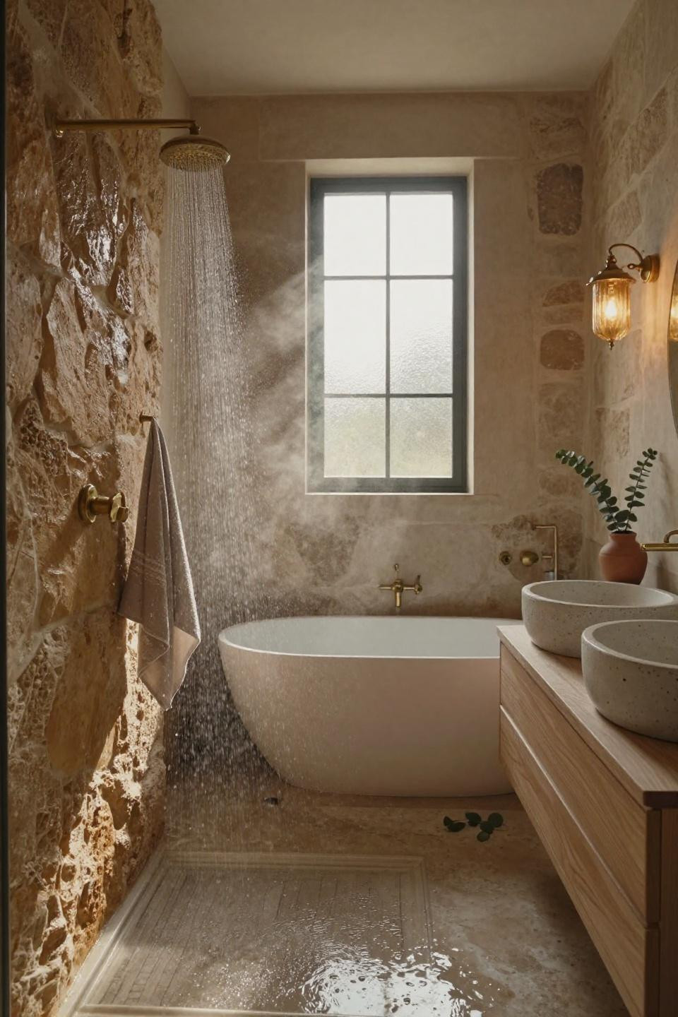 walk in shower no door with honey-toned limestone pony wall and brass hardware in tuscan villa bathroom