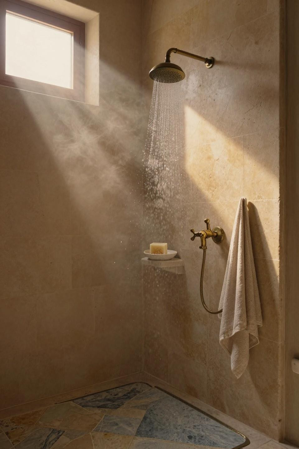 zero entry shower ideas featuring bluestone floor tiles and vintage brass rainfall showerhead