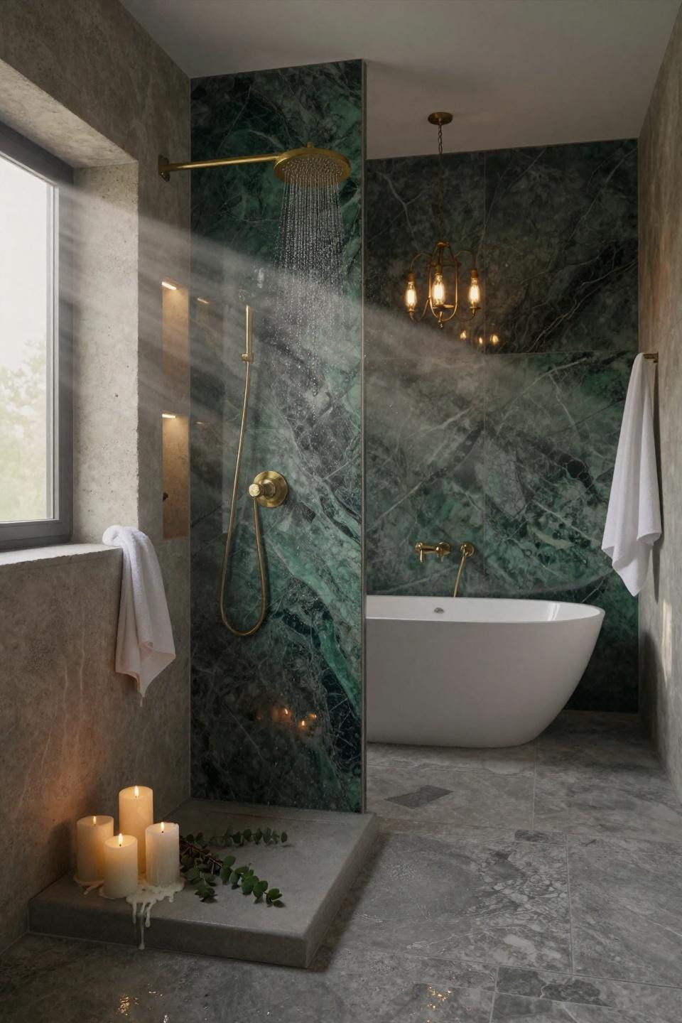 walk in shower with half wall and verde alpi green marble accent wall with forest veining