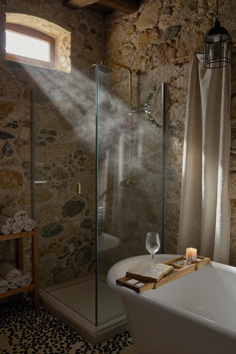 rustic walk in shower with hand-stacked river stone half wall and reclaimed oak shelving