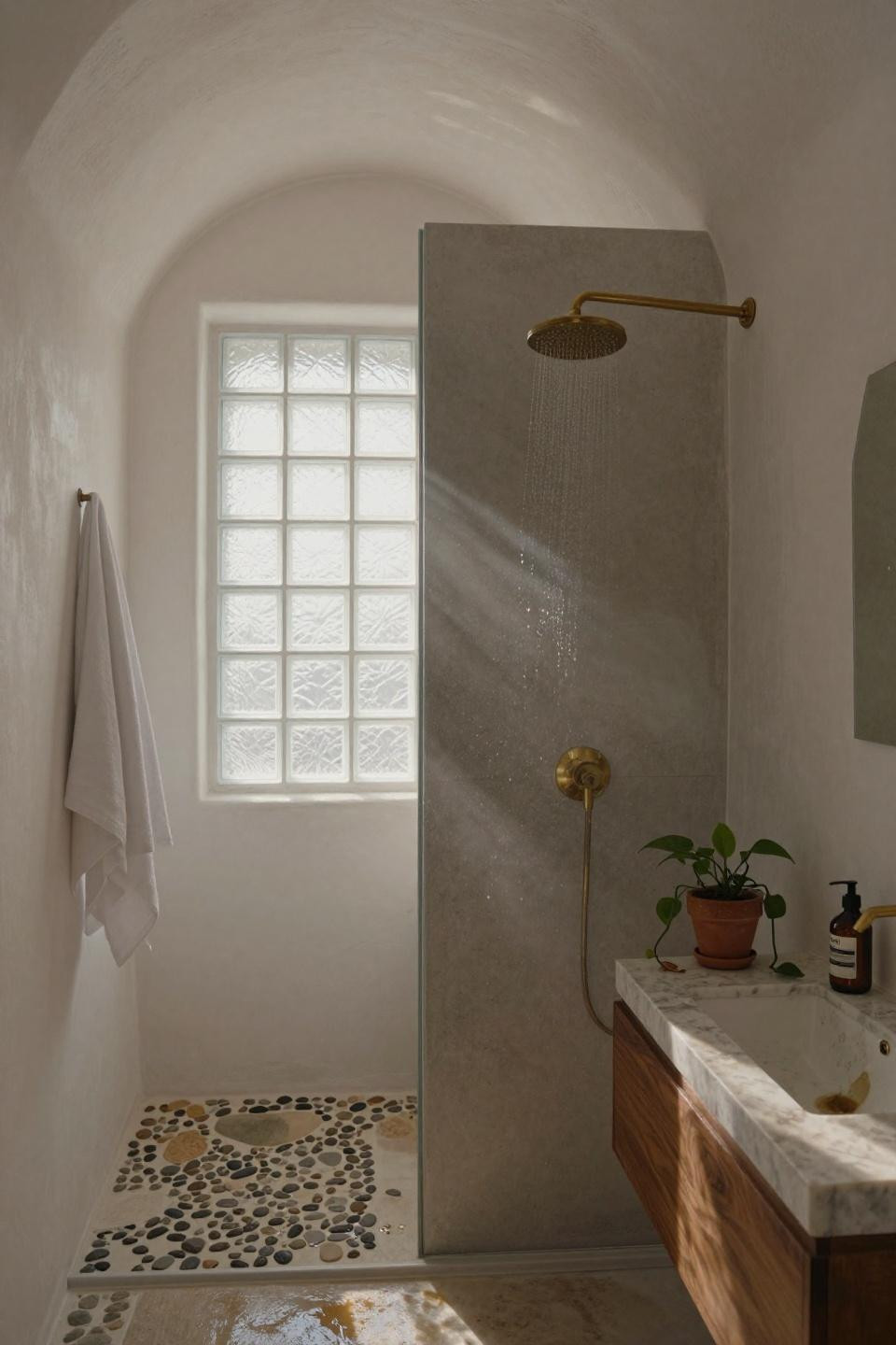 doorless shower design with river stone pebble floor and smooth concrete half wall in mediterranean bathroom