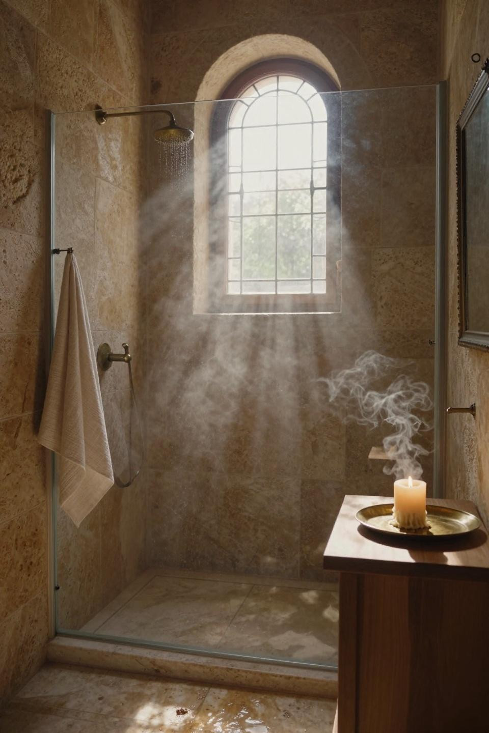 walk in shower with half wall featuring unlacquered aged brass rainfall fixture and honey travertine