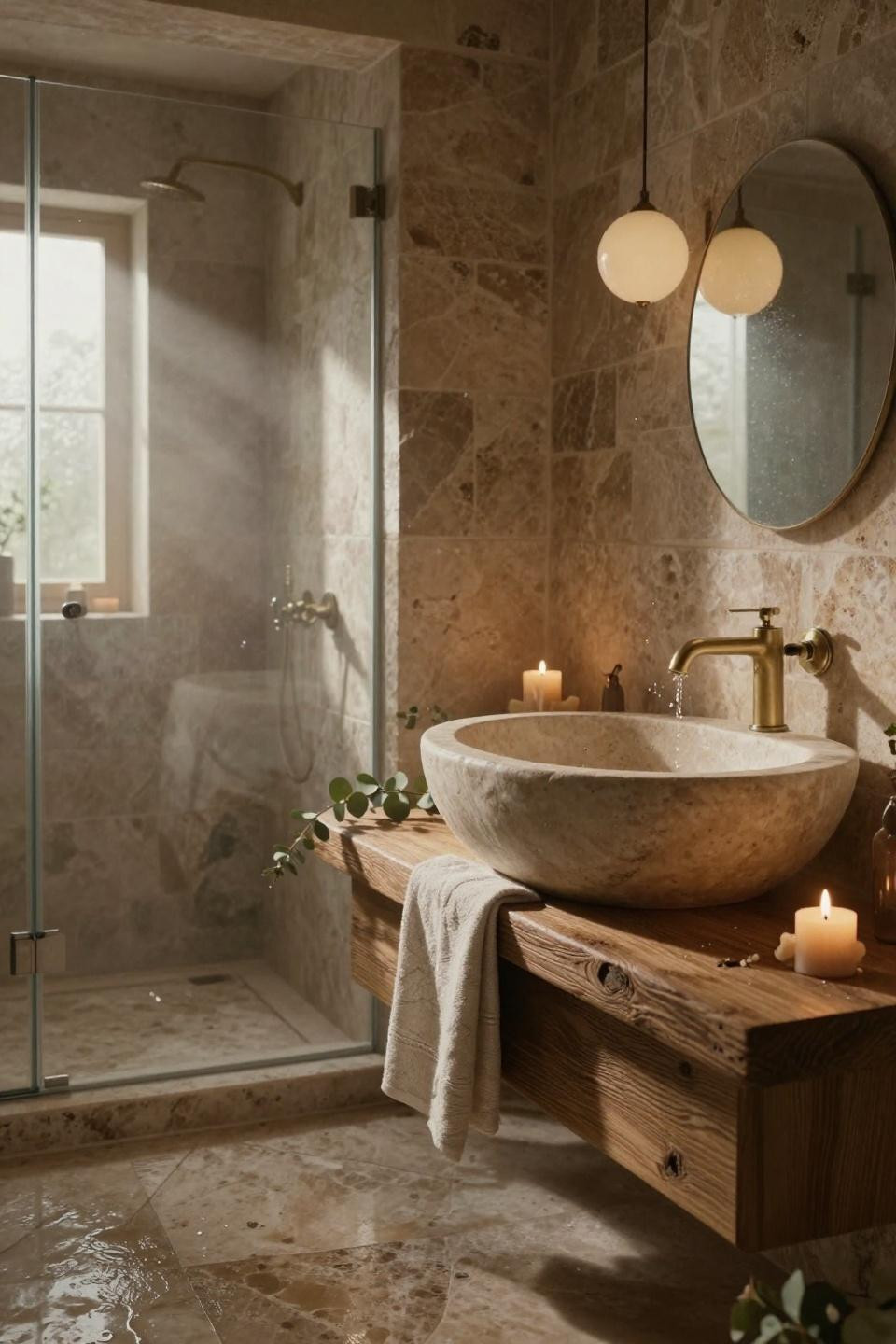 zero entry shower with hand-chiseled travertine stone slabs and opal glass globe pendants