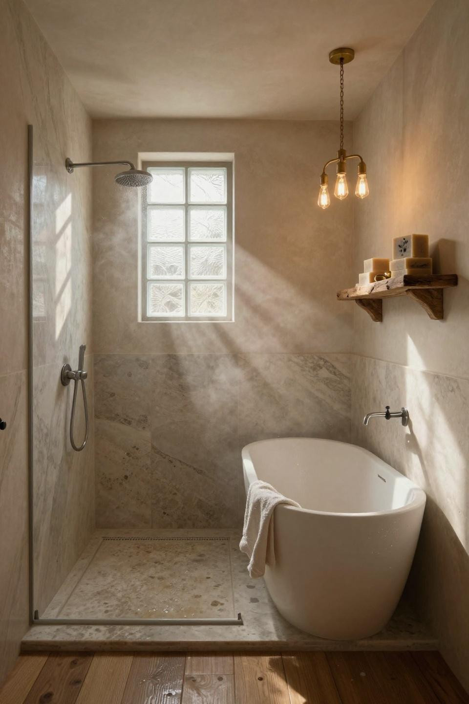 doorless walk in shower featuring calacatta marble walls and reclaimed wood beam shelf