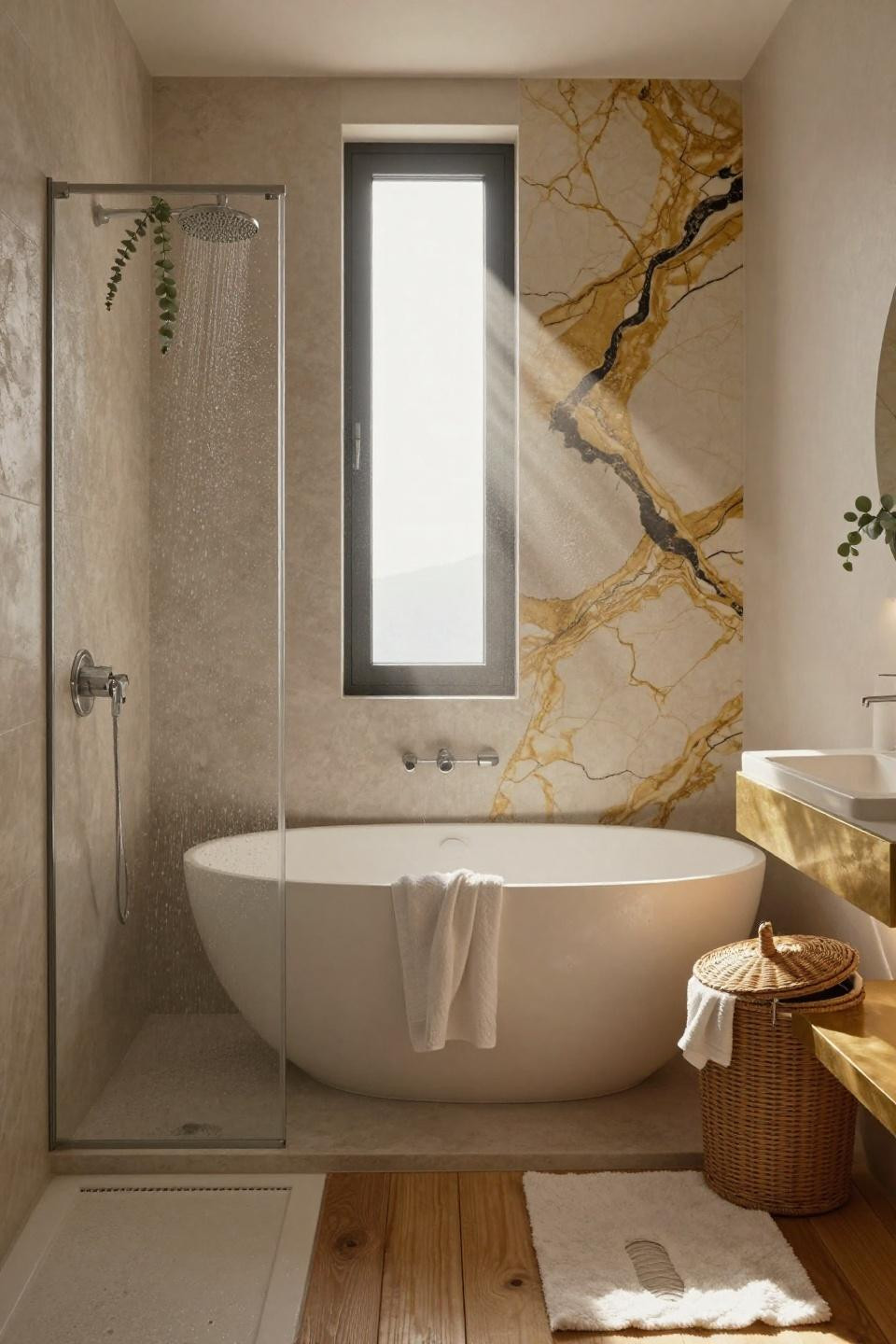 glassless walk in shower with portoro gold marble accent wall and travertine pony wall