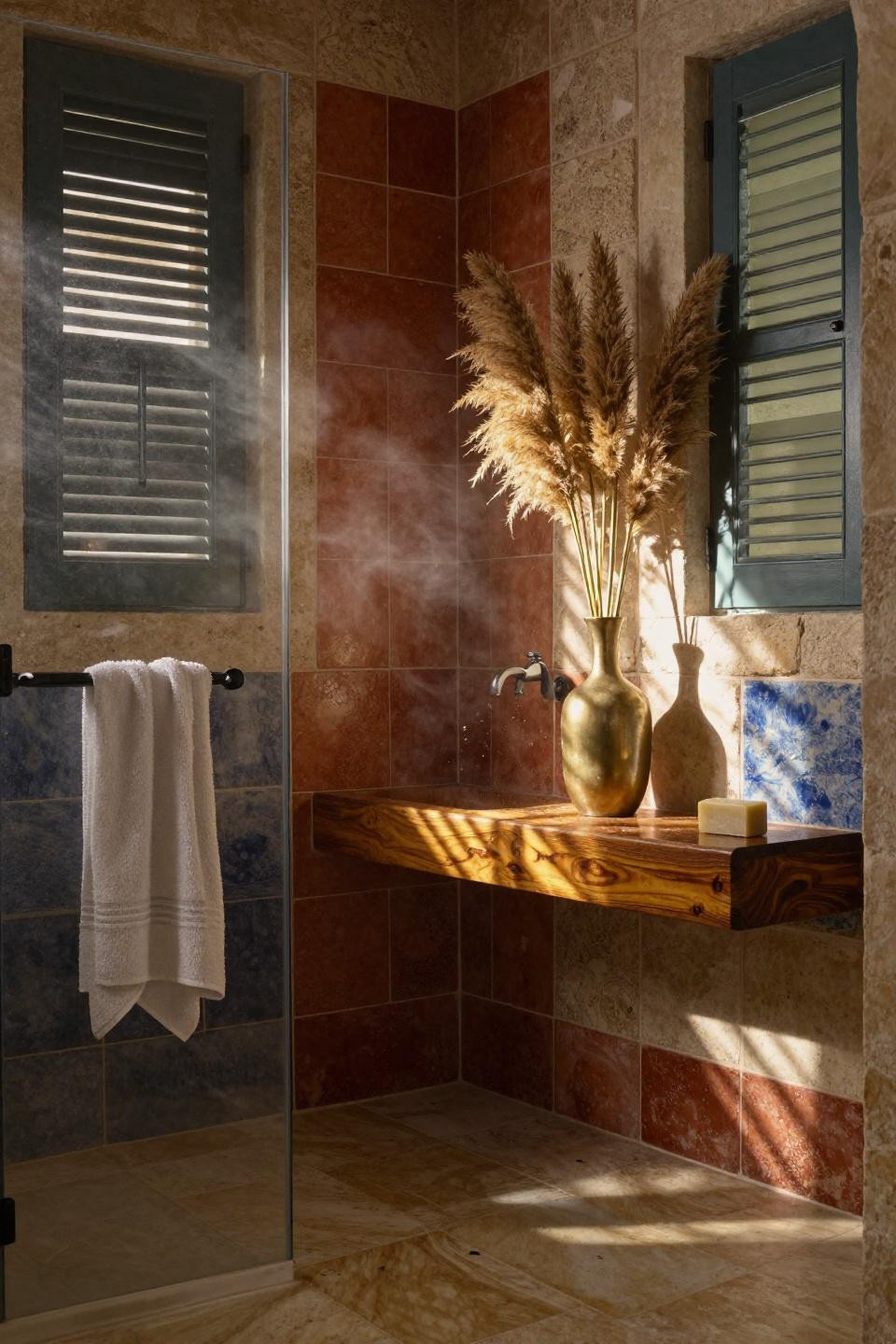 shower half wall ideas with hand-painted encaustic cement tiles and unlacquered brass accents