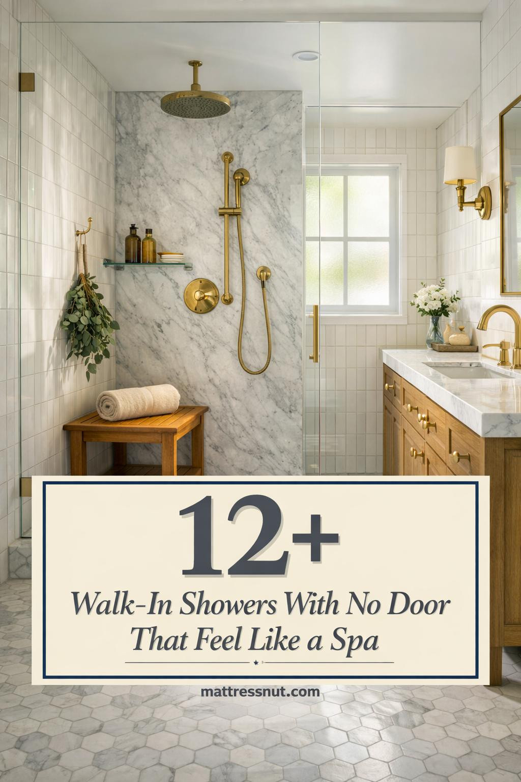 Spacious walk-in shower with frameless glass panels, white subway tiles, rainfall showerhead, and minimalist fixtures