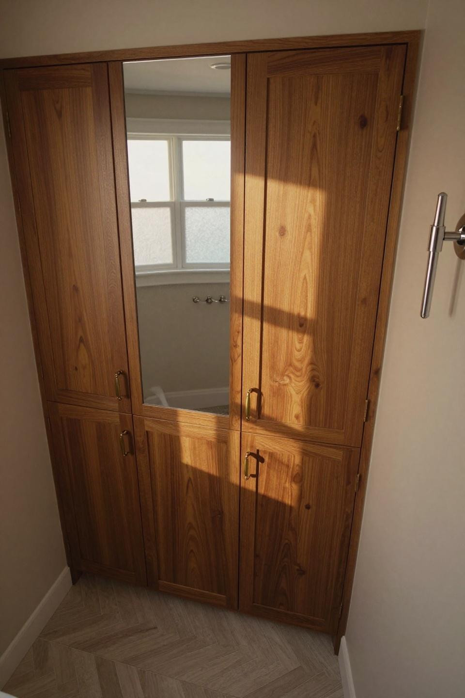 book-matched walnut bathroom cabinets with antique brass pulls mirrored doors and beige wainscoting herringbone floor
