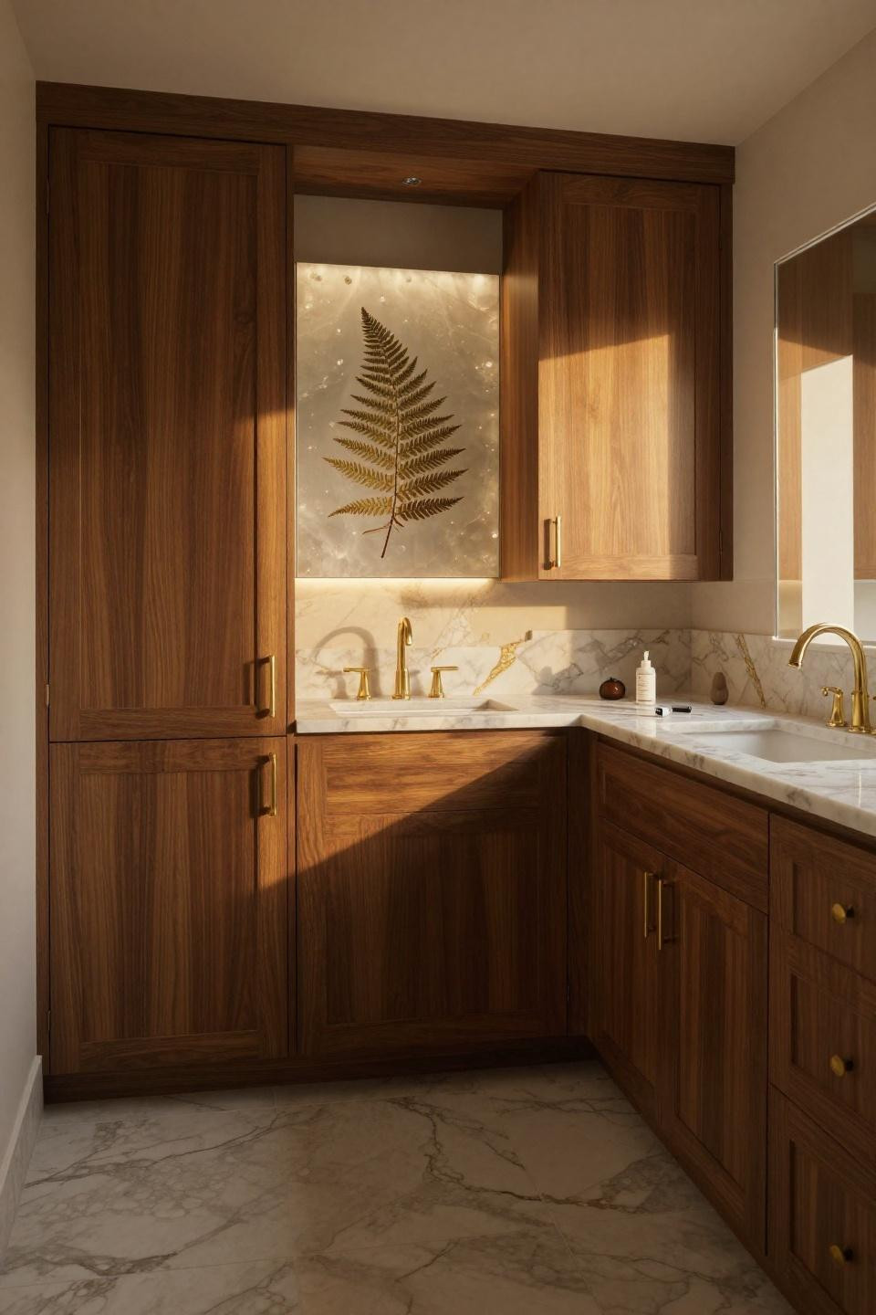 walnut bathroom cabinets with unlacquered brass hardware calacatta marble countertop and cream wainscoting backdrop