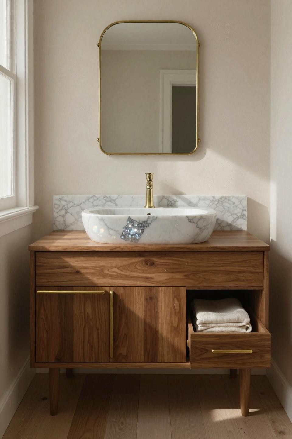 mid century modern bathroom walnut vanity vessel sink carrara marble fossilized ice crystals refracting rainbows venetian plaster brass mirror