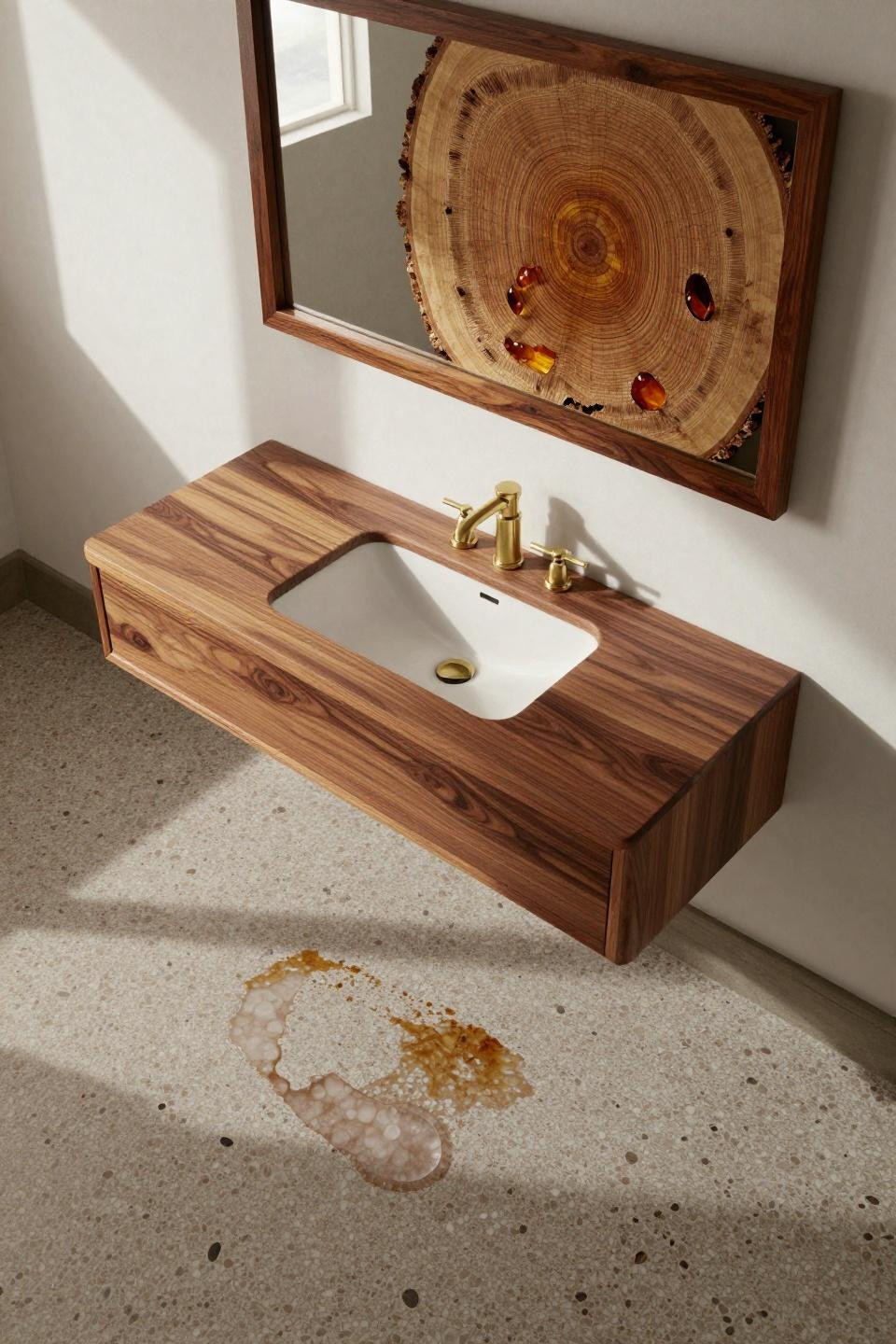 mid century modern bathroom floating walnut vanity unlacquered brass terrazzo rose quartz aggregate skylight shadows petrified wood mirror