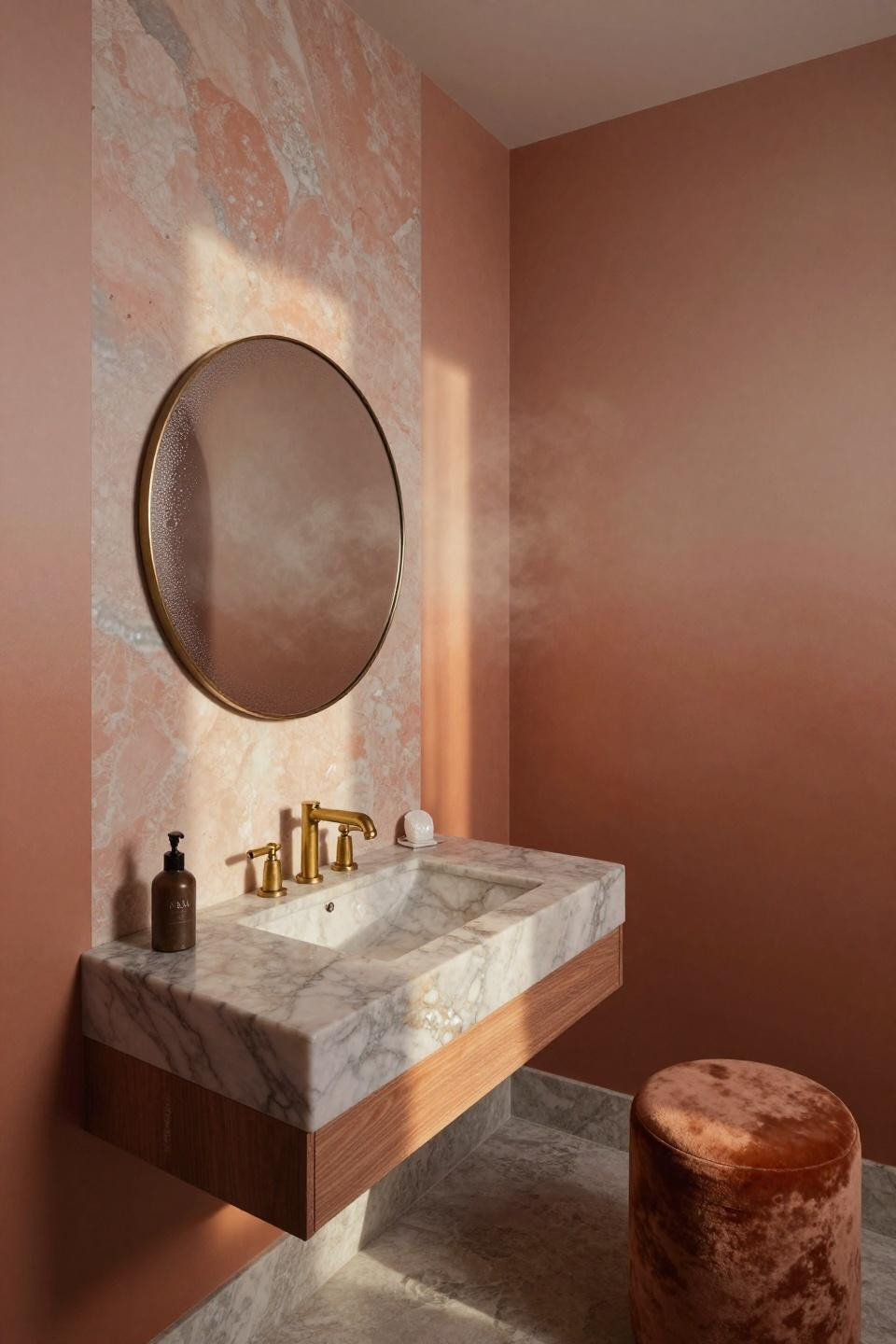 warm terracotta-to-clay gradient bathroom paint colors with mother-of-pearl pigment creating iridescent shimmer on walls