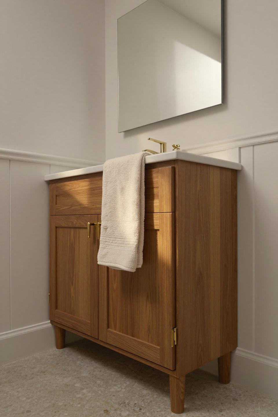warm honey walnut bathroom cabinets with brushed brass hardware dove-white wainscoting and travertine floor