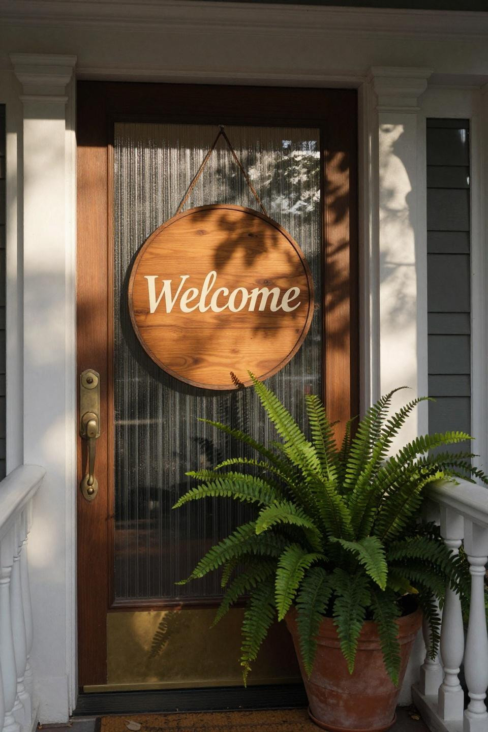 handcrafted round honey cedar welcome sign with ivory serif script hanging on glazed door with vertical reeded glass