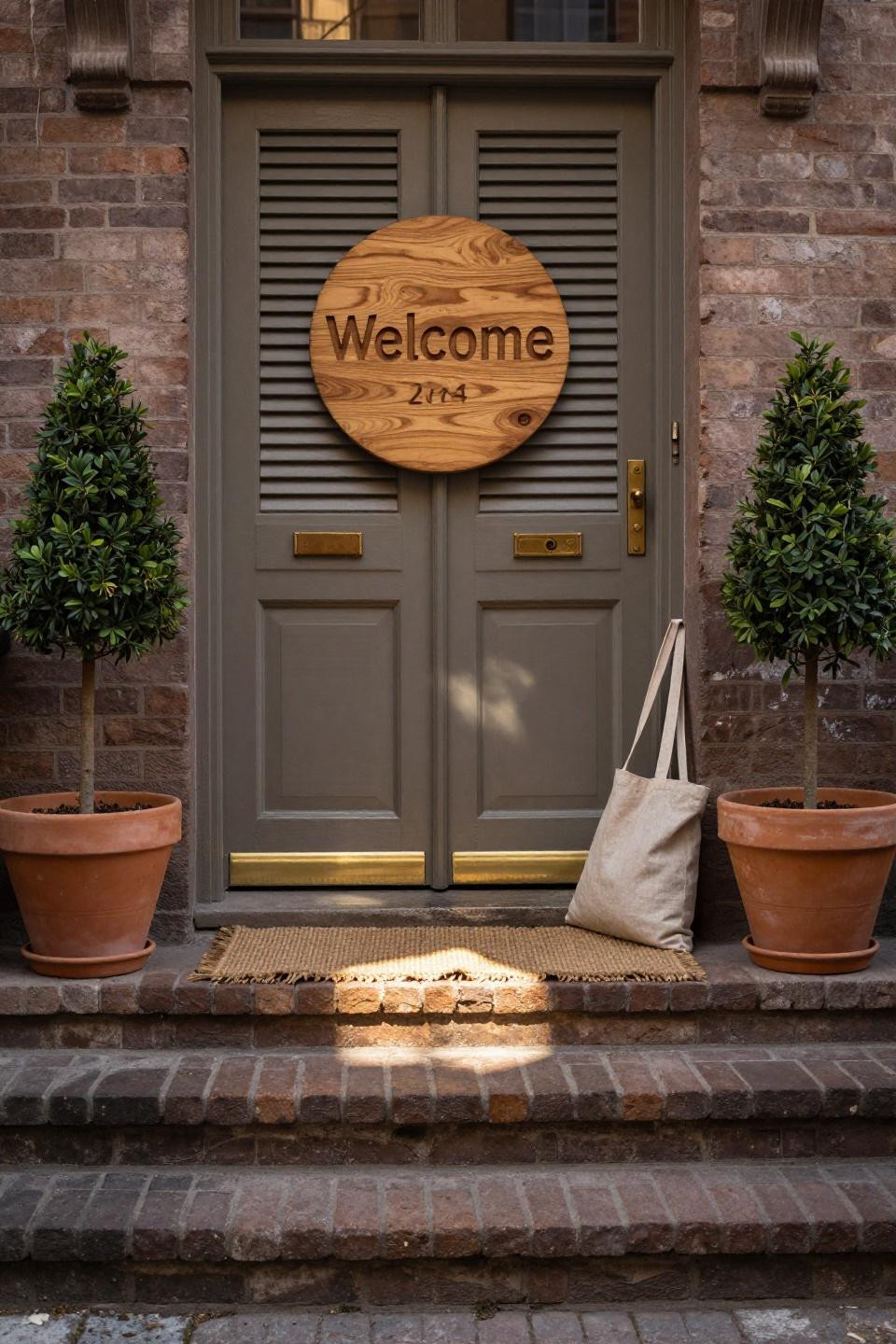 hand-carved white oak round welcome sign with routed lettering mounted on scandinavian greige painted doors