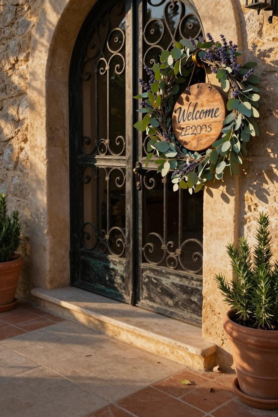 weathered reclaimed oak round welcome sign with hand-painted calligraphy hanging on wrought iron double doors