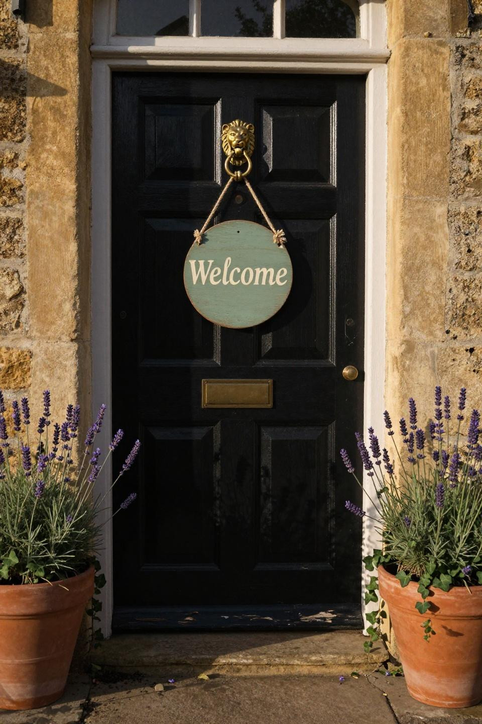 round hand-painted wooden welcome sign in weathered sage green with cream script on black paneled cotswold cottage door