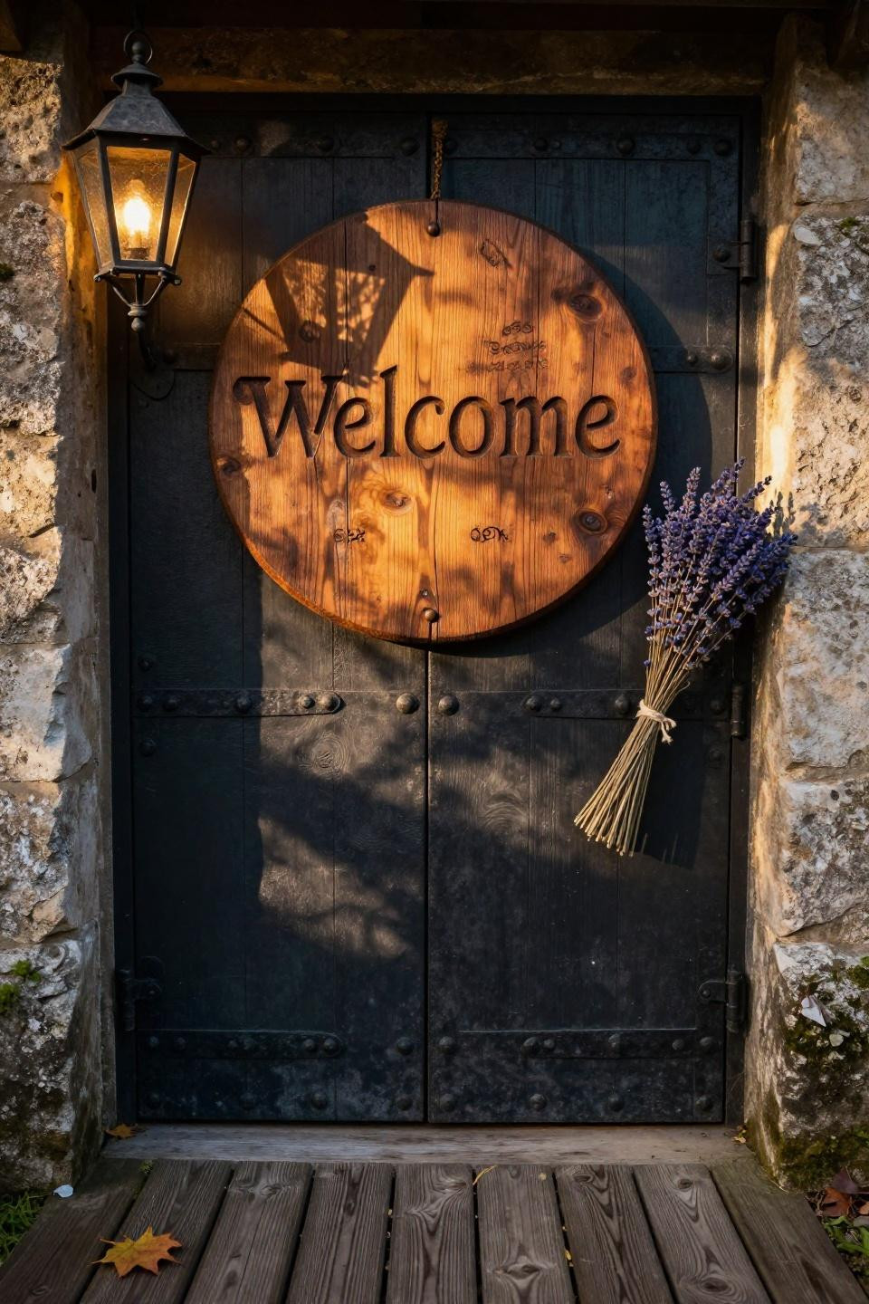 deep-carved round reclaimed oak welcome sign with visible tool marks on charcoal castle-style door with iron studs