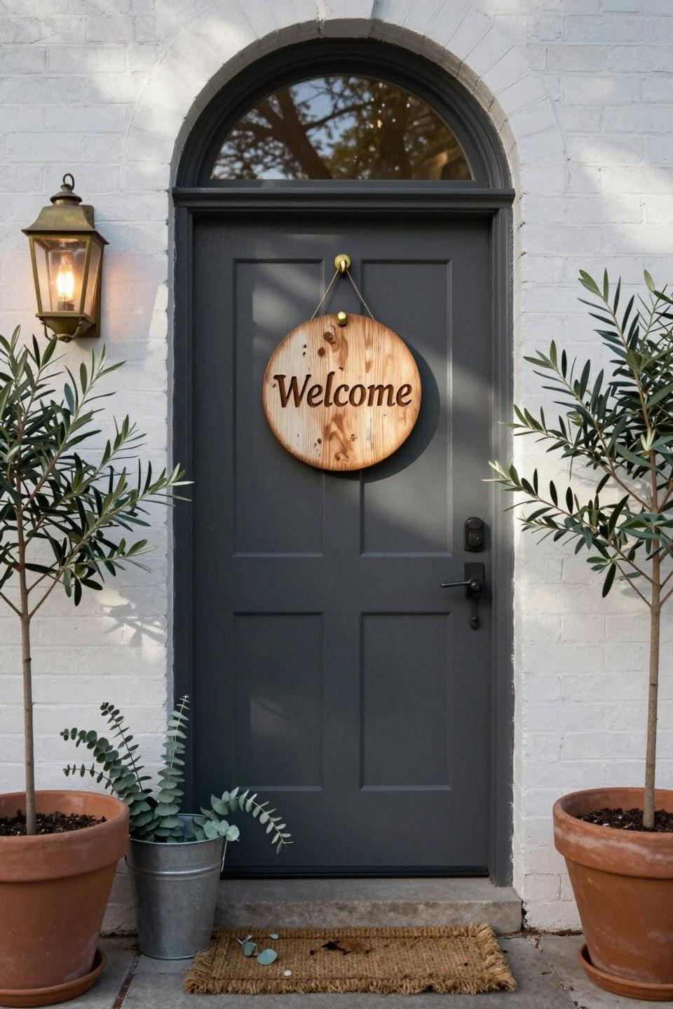 hand-carved white oak round welcome sign with deep routed lettering on contemporary charcoal gray flush door