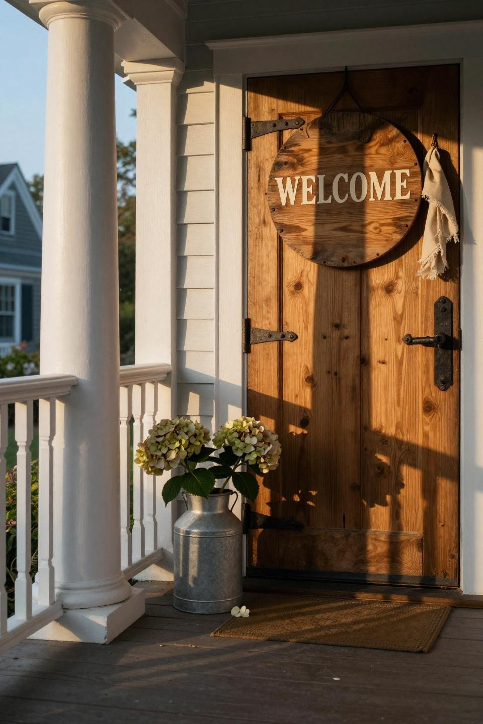 hand-carved round weathered barn wood welcome sign with cream lettering on rustic plank door with blackened iron hardware