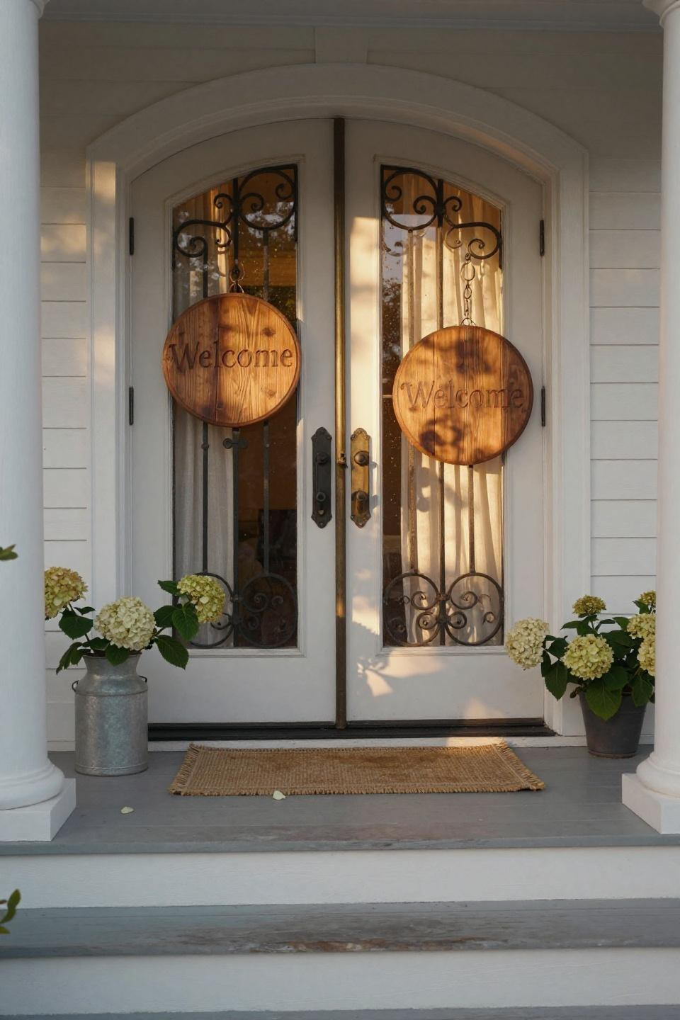 hand-carved honey oak round welcome sign with deep grain texture on whitewashed oak double doors with wrought iron