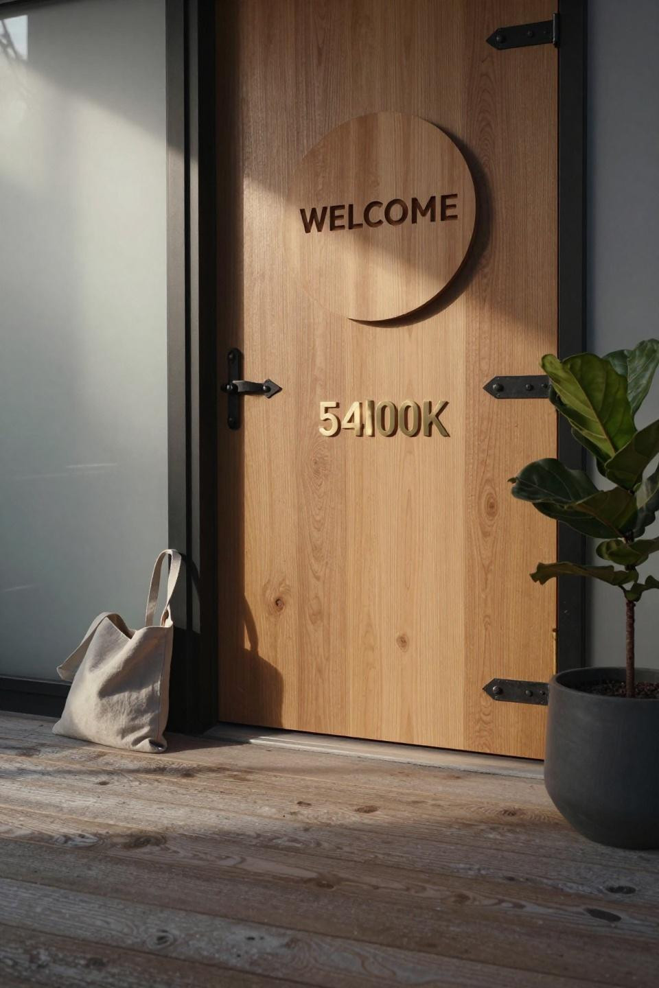 honey-toned walnut round welcome sign with laser-etched modern sans-serif typography on solid oak plank door