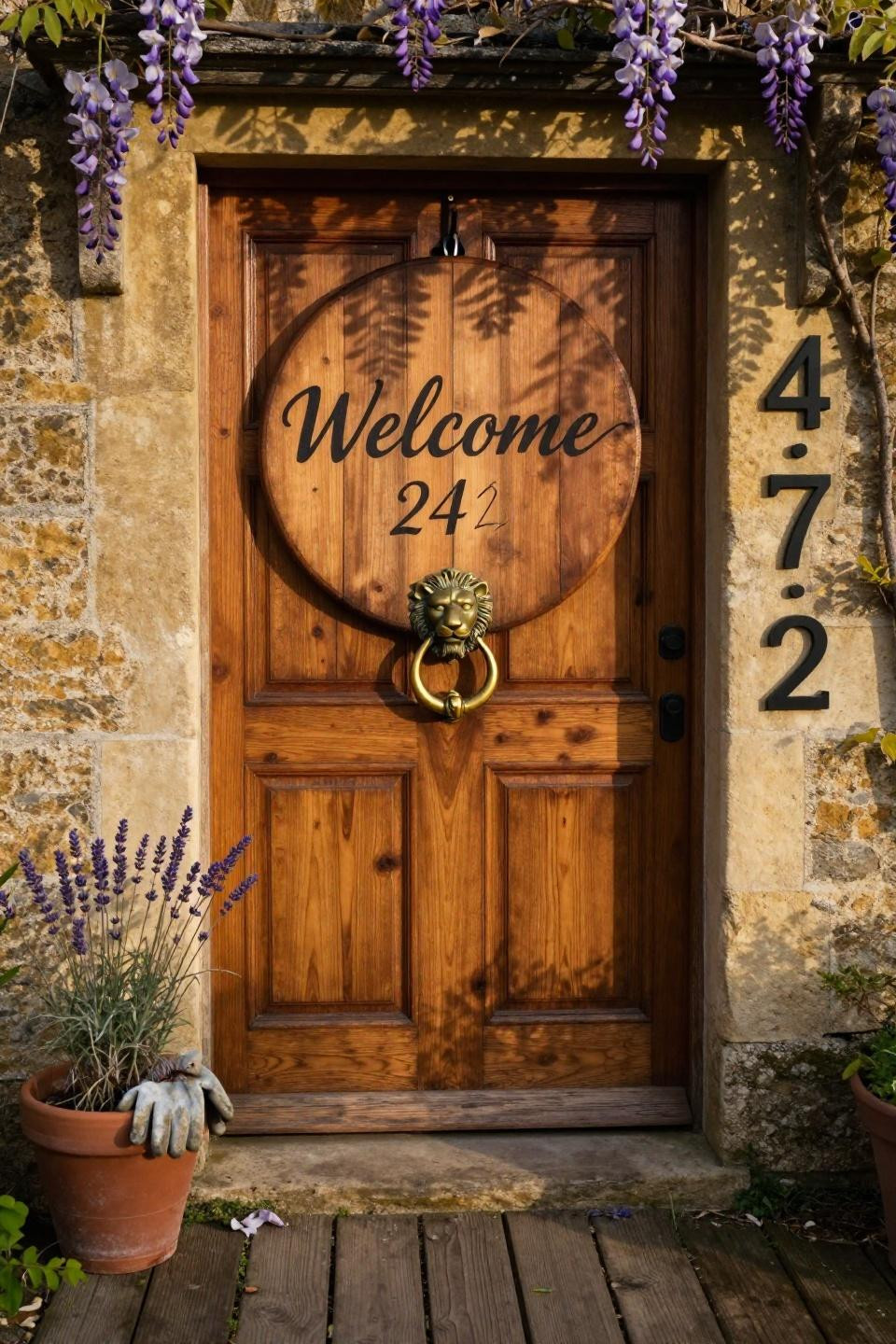 massive 24-inch reclaimed barn wood round welcome sign with hand-painted calligraphy on mahogany paneled door