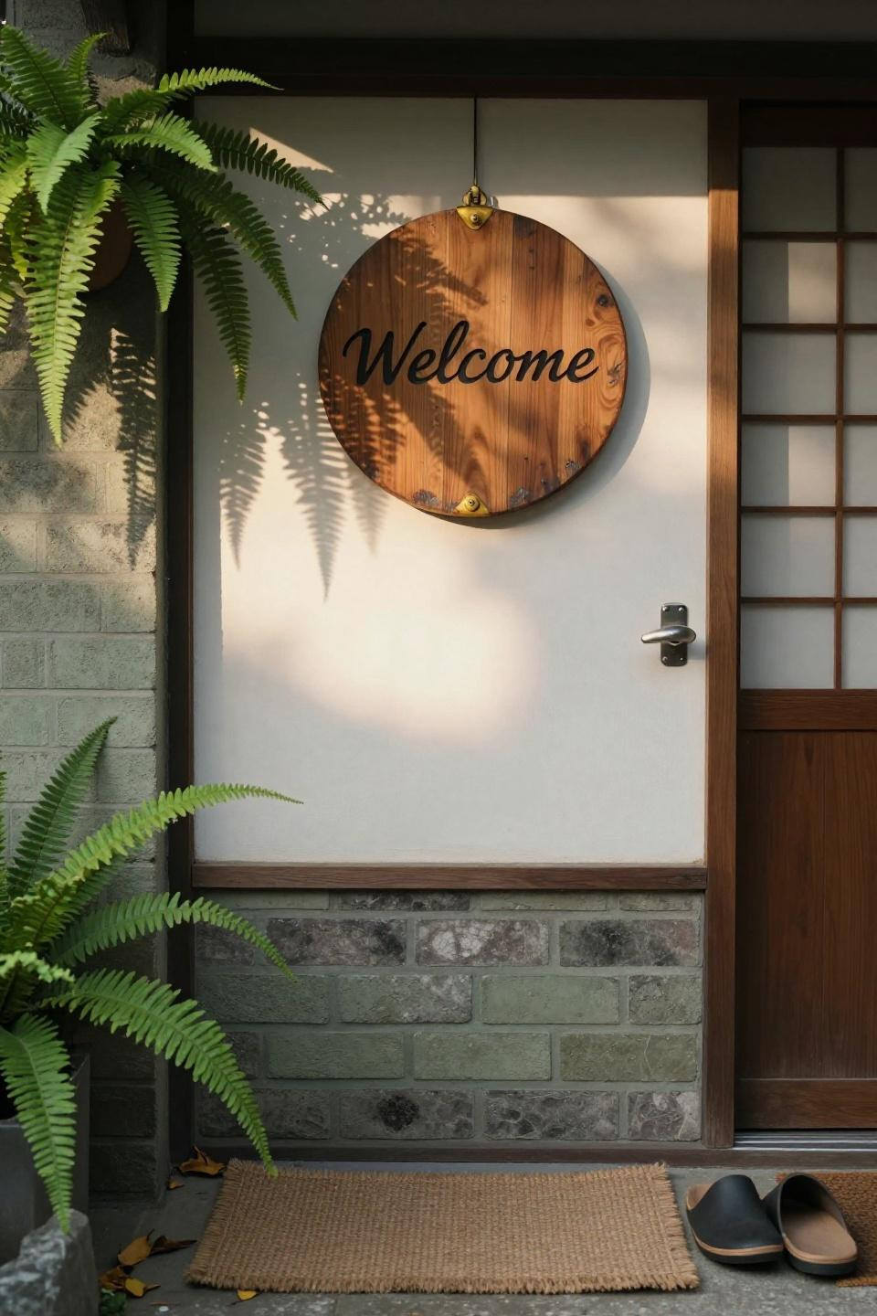 hand-carved round walnut welcome sign with weathered calligraphy mounted on japanese shoji sliding screen door