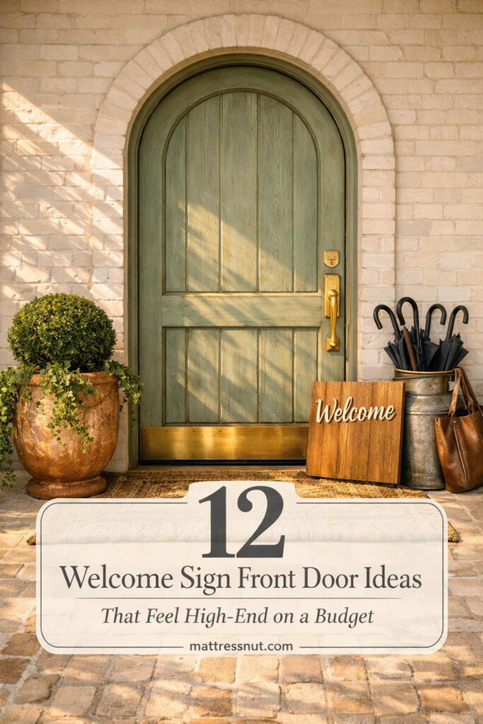 Stylish welcome sign mounted beside front door with black frame, greenery wreath, and modern house numbers on white exterior
