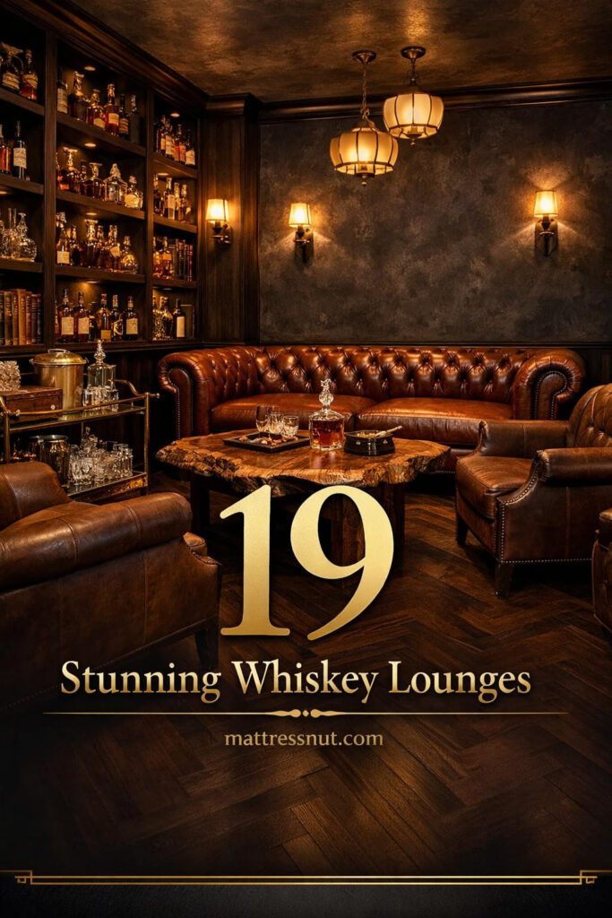 Dark wood whiskey lounge featuring brown leather armchairs, brass bar cart, crystal decanters, and warm amber pendant lights