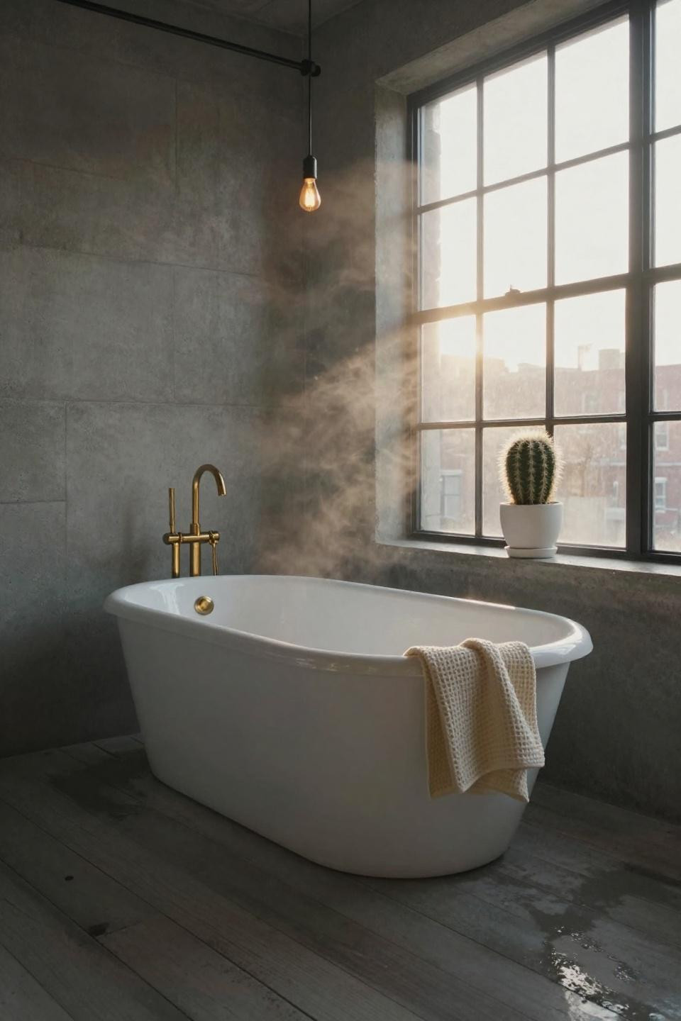 white brooklyn loft bathroom with polished concrete walls industrial steel framed window and brass faucet