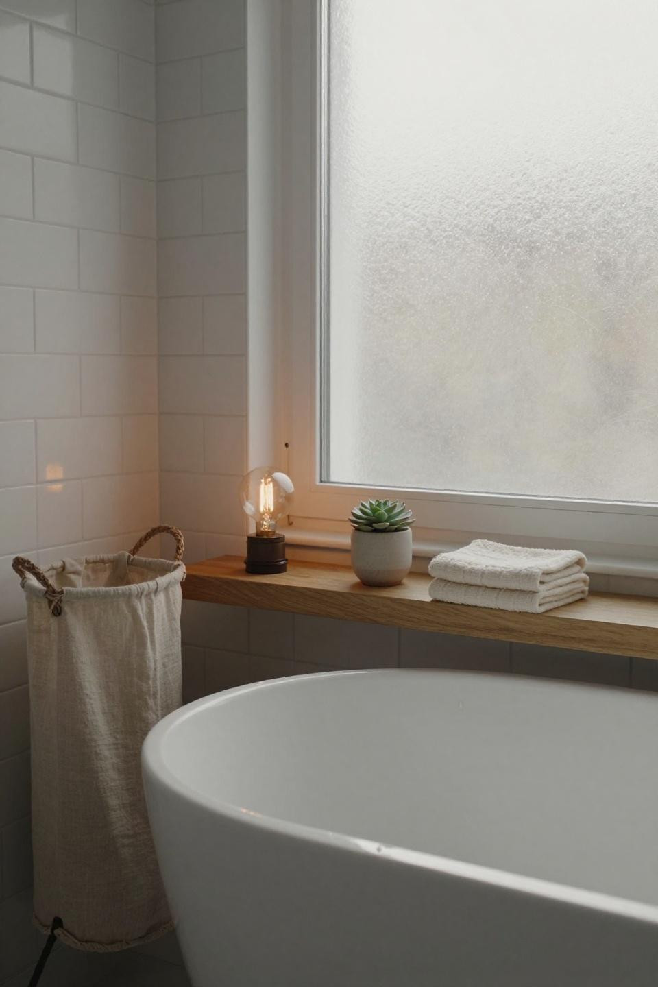 white scandinavian bathroom with honey oak floating shelf edison bulb and handwoven linen hamper