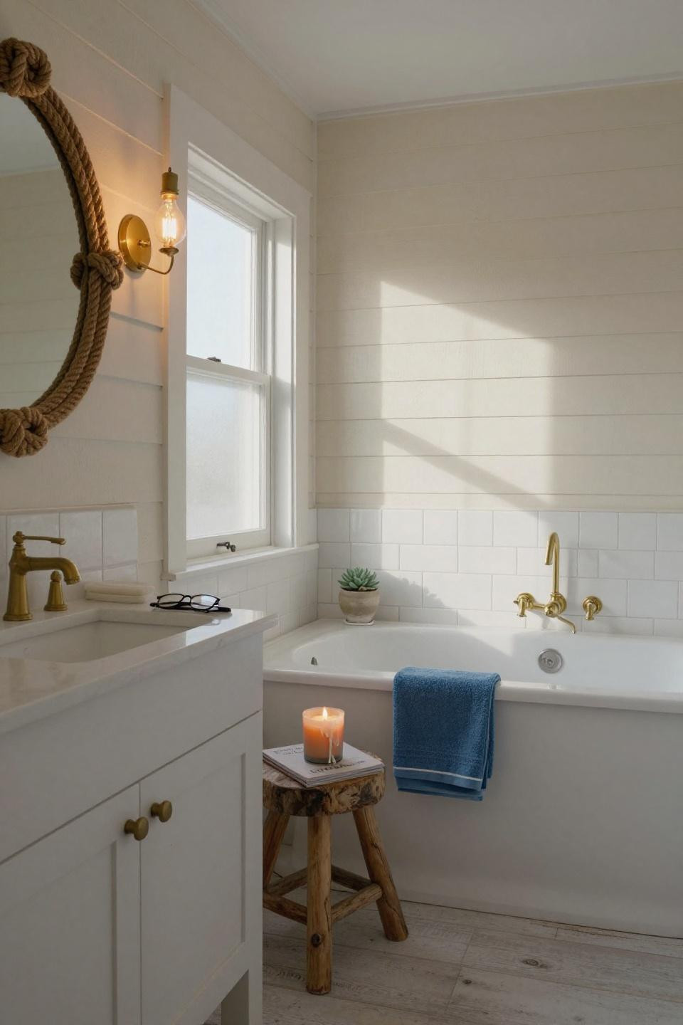 white coastal bathroom with round rope wrapped mirror above marble vanity and weathered driftwood stool