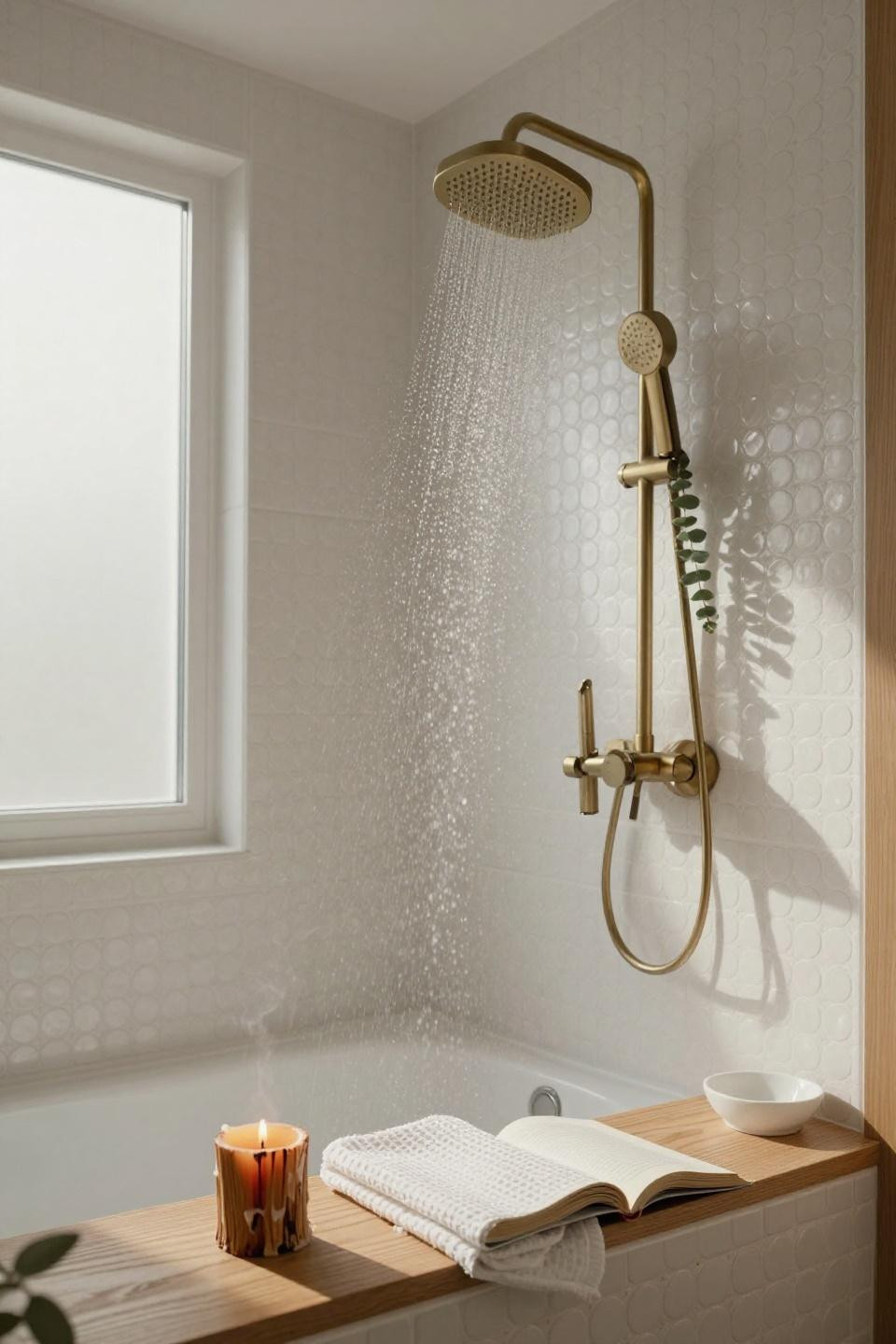 white penny tile shower with oak bath tray spanning tub edge and brass rainfall showerhead