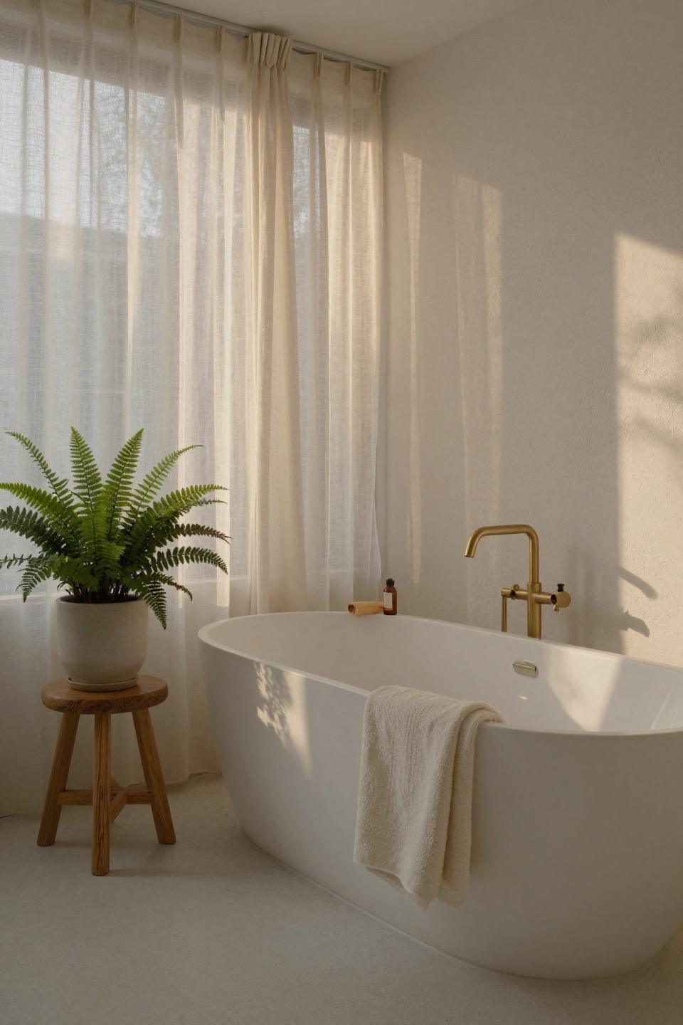 white japandi soaking tub sanctuary with sheer belgian linen drapes and brass floor mounted faucet