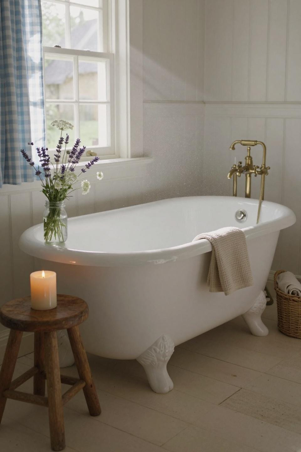 white english cottage bathroom with freestanding clawfoot tub on cream painted wood floors and gingham curtain
