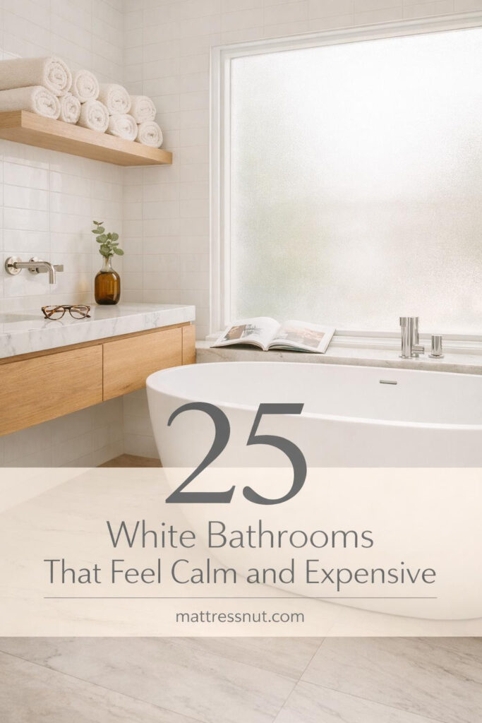 Bright white bathroom featuring marble countertops, chrome fixtures, white subway tiles, and minimalist decor elements
