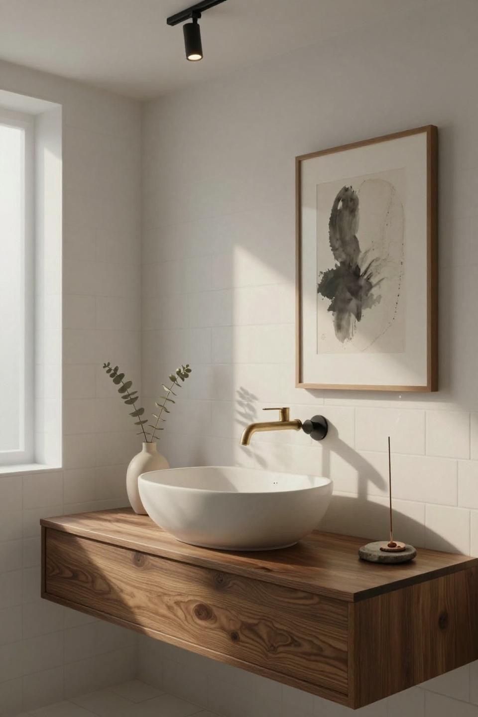 white modern bathroom with sculptural ceramic vessel sink on floating walnut vanity and track lighting