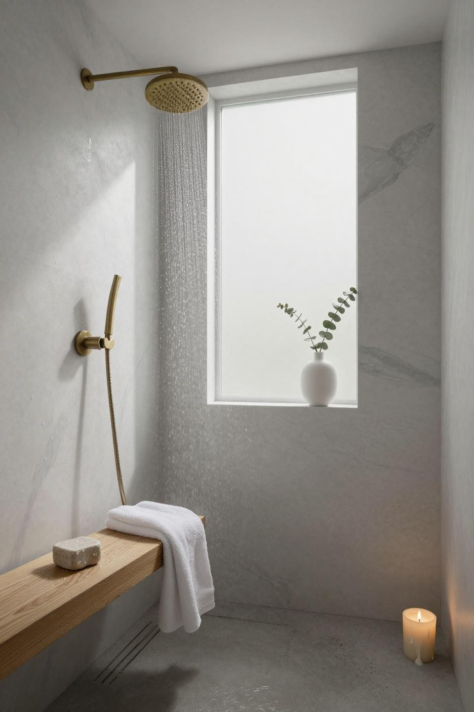 white japandi wet room with polished thassos marble walls rain shower and teak bench