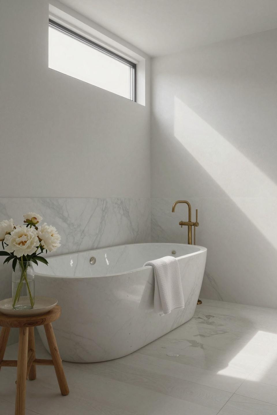 white japandi bathroom with book-matched carrara marble tub and walnut stool under clerestory windows